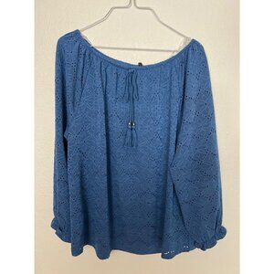 NWT Rafaella Flowy Boho Top Navy Blue Tassel Rope Tie Elastic Neck Lined Eyelet